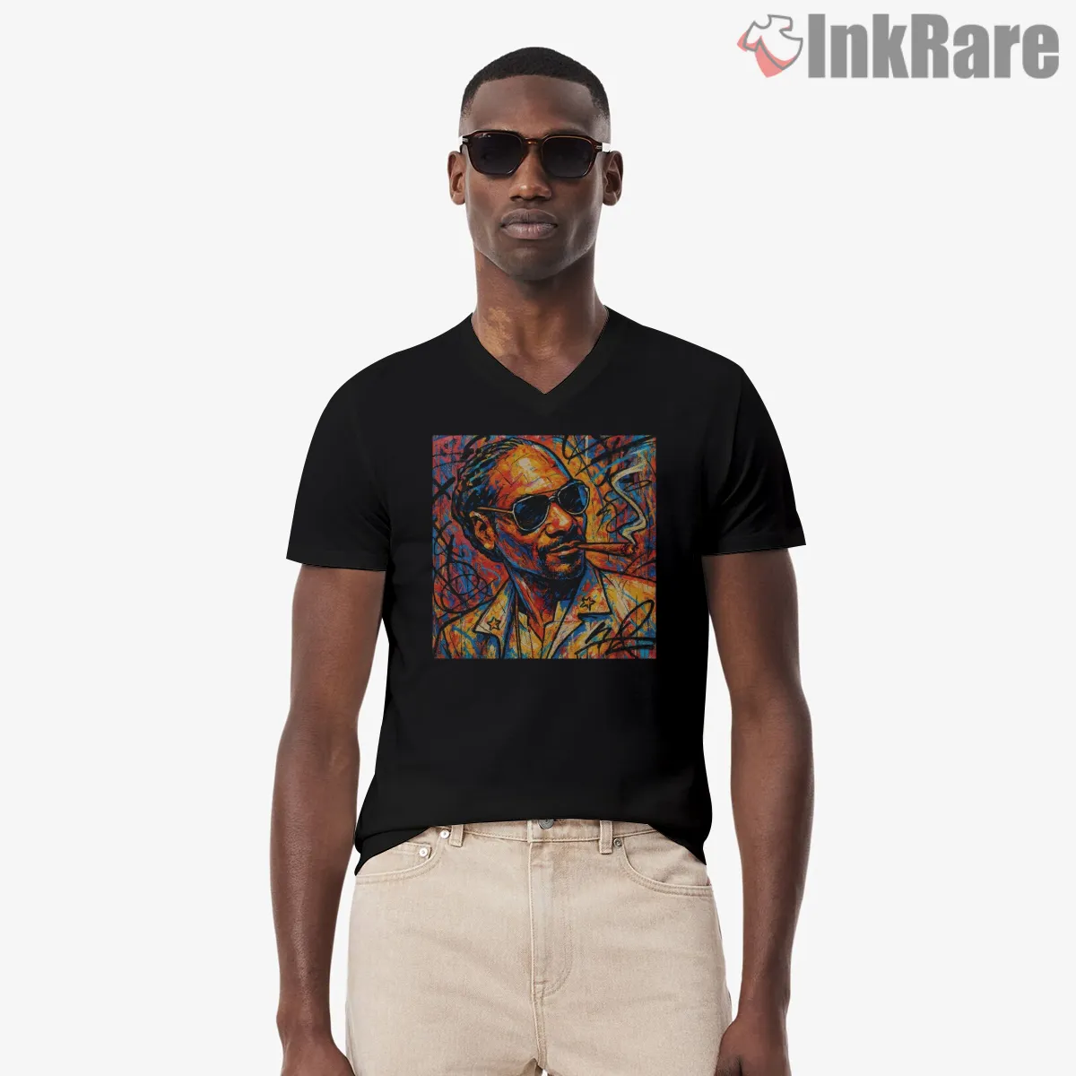 Snoop Dogg Color Splash Art Portrait V Neck Black Snoop Dogg Color Splash Art Portrait Shirt on black v-neck shirt for men graphic tee