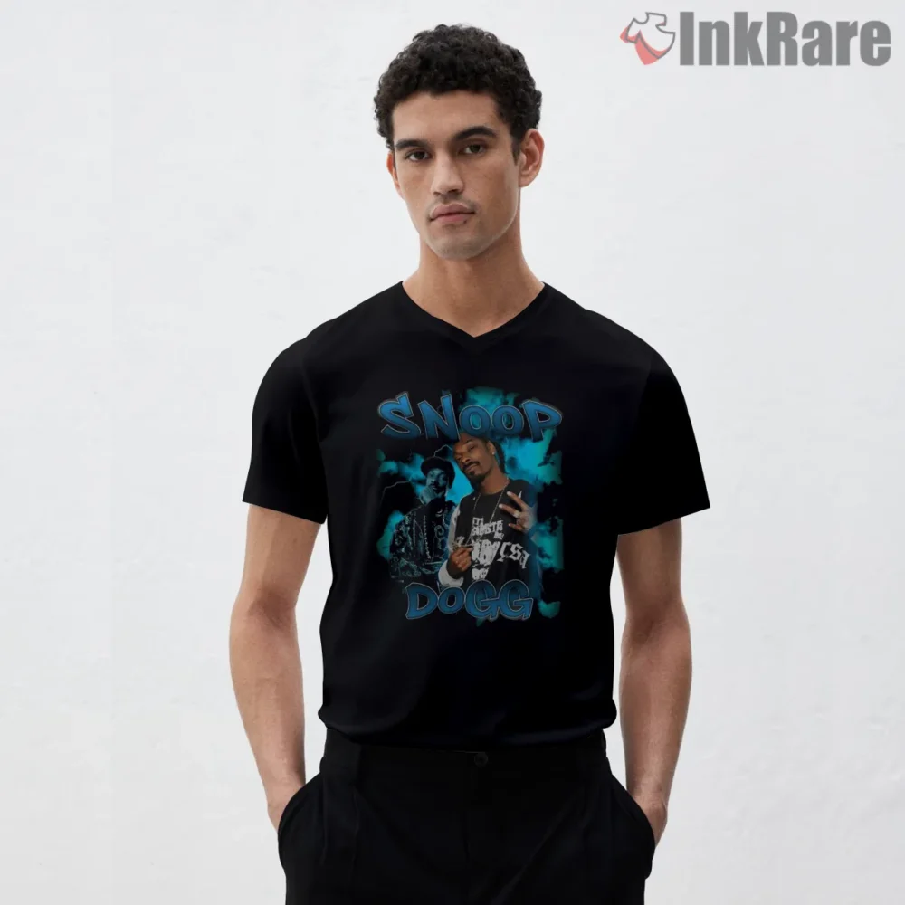 Snoop Dogg Electric Blue Nineties Collage Shirt on black v-neck shirt for men graphic tee