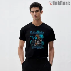 Snoop Dogg Electric Blue Nineties Collage Shirt on black v-neck shirt for men graphic tee