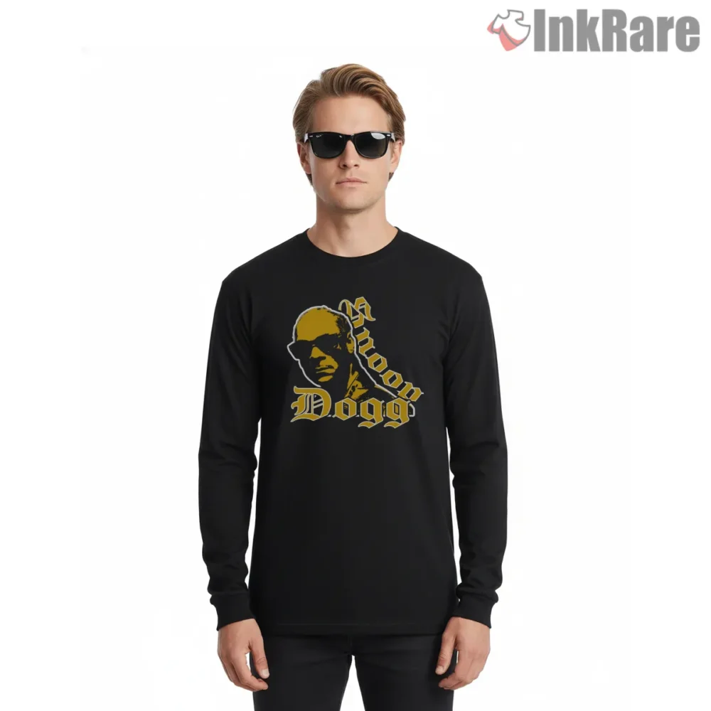 Snoop Dogg Golden Silhouette Logo Shirt on black long sleeve shirt for men graphic tee
