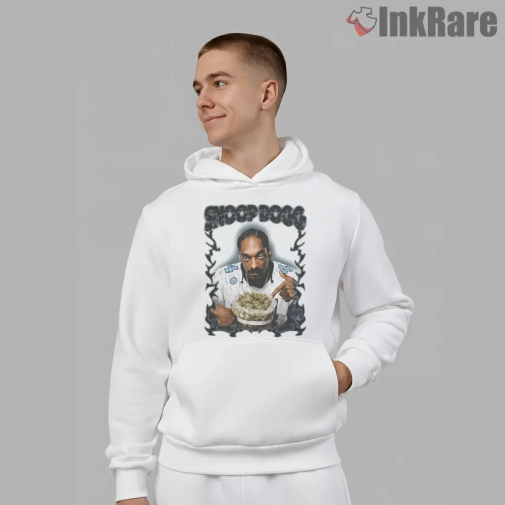 Snoop Dogg Halo Smoke Table Shirt on white hoodie for men graphic tee