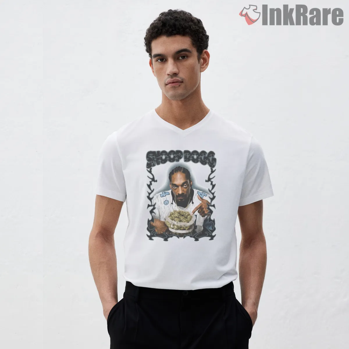Snoop Dogg Halo Smoke Table V Neck White Snoop Dogg Halo Smoke Table Shirt on white v-neck shirt for men graphic tee