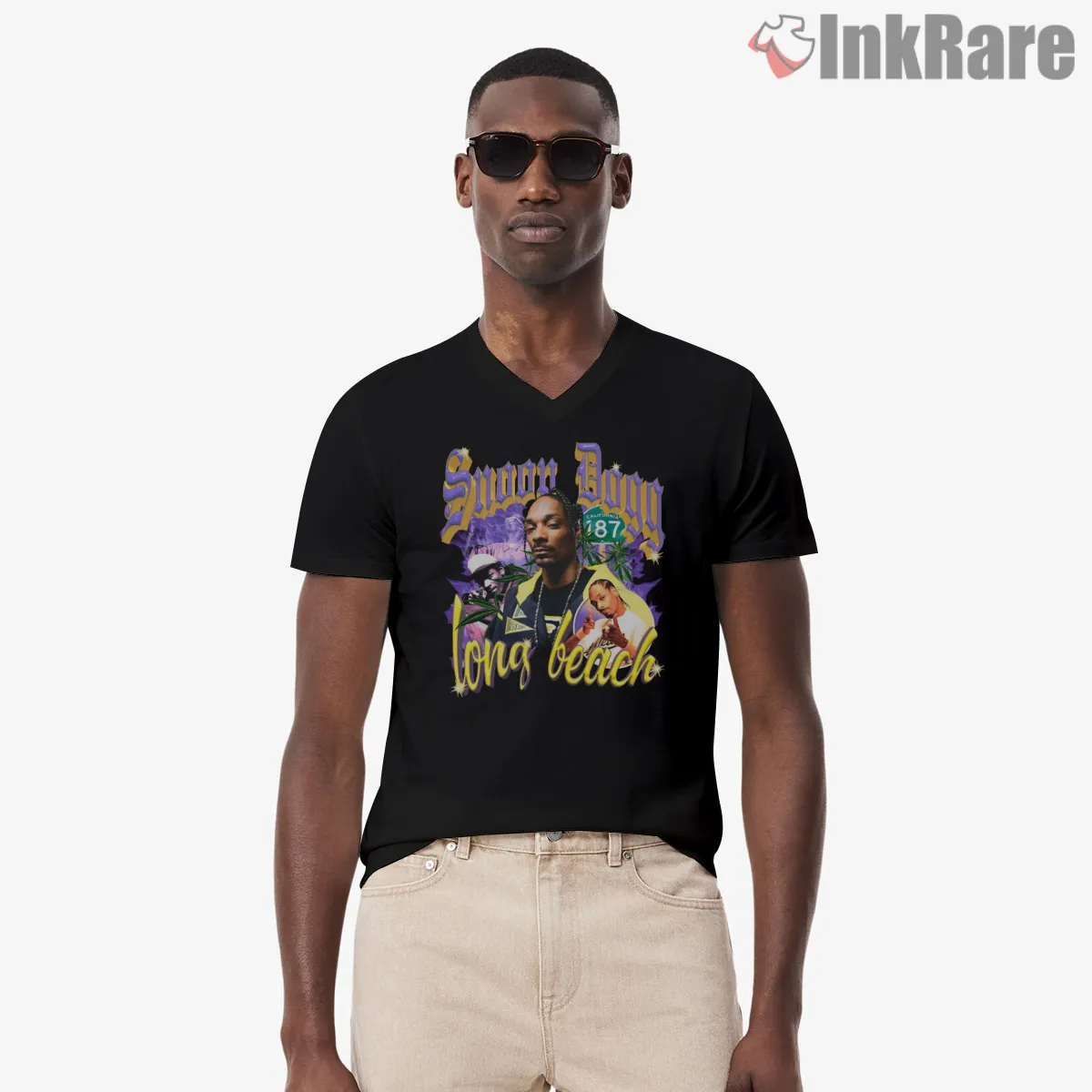 Snoop Dogg Long Beach Palm Nights V Neck Black Snoop Dogg Long Beach Palm Nights Shirt on black v-neck shirt for men graphic tee