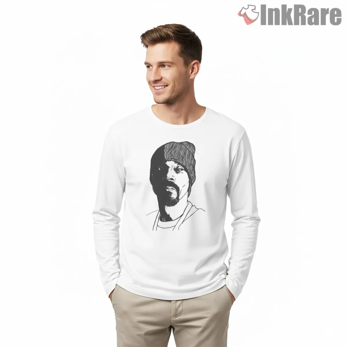 Snoop Dogg Minimal Line Art Shirt on white long sleeve shirt for men graphic tee