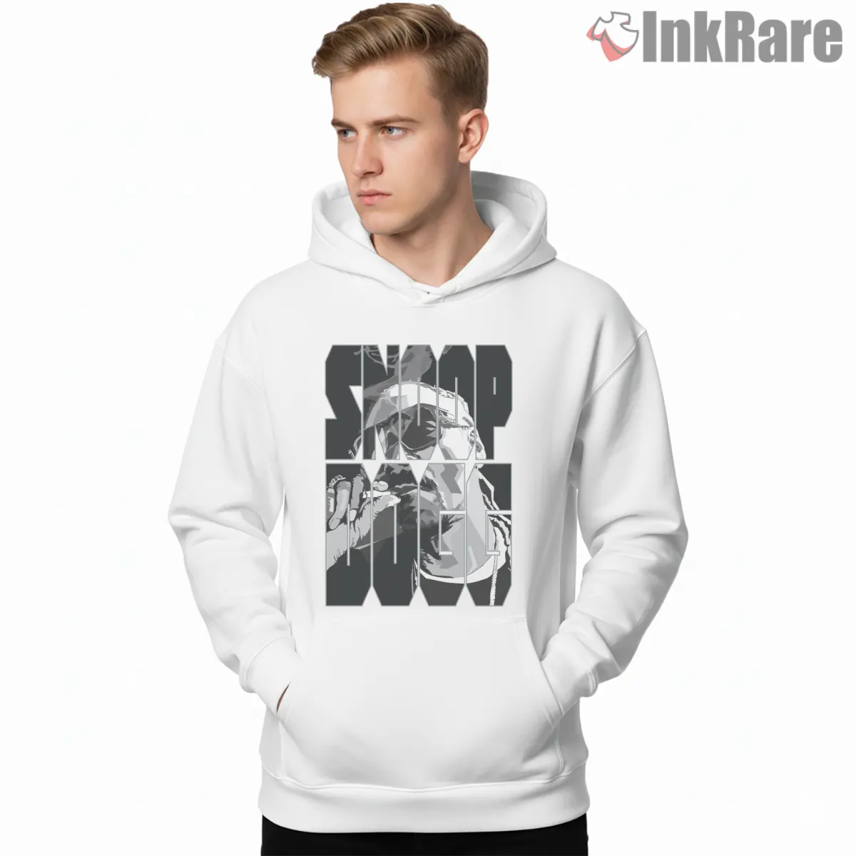 Snoop Dogg Monochrome Name Grid Shirt on white hoodie for men graphic tee