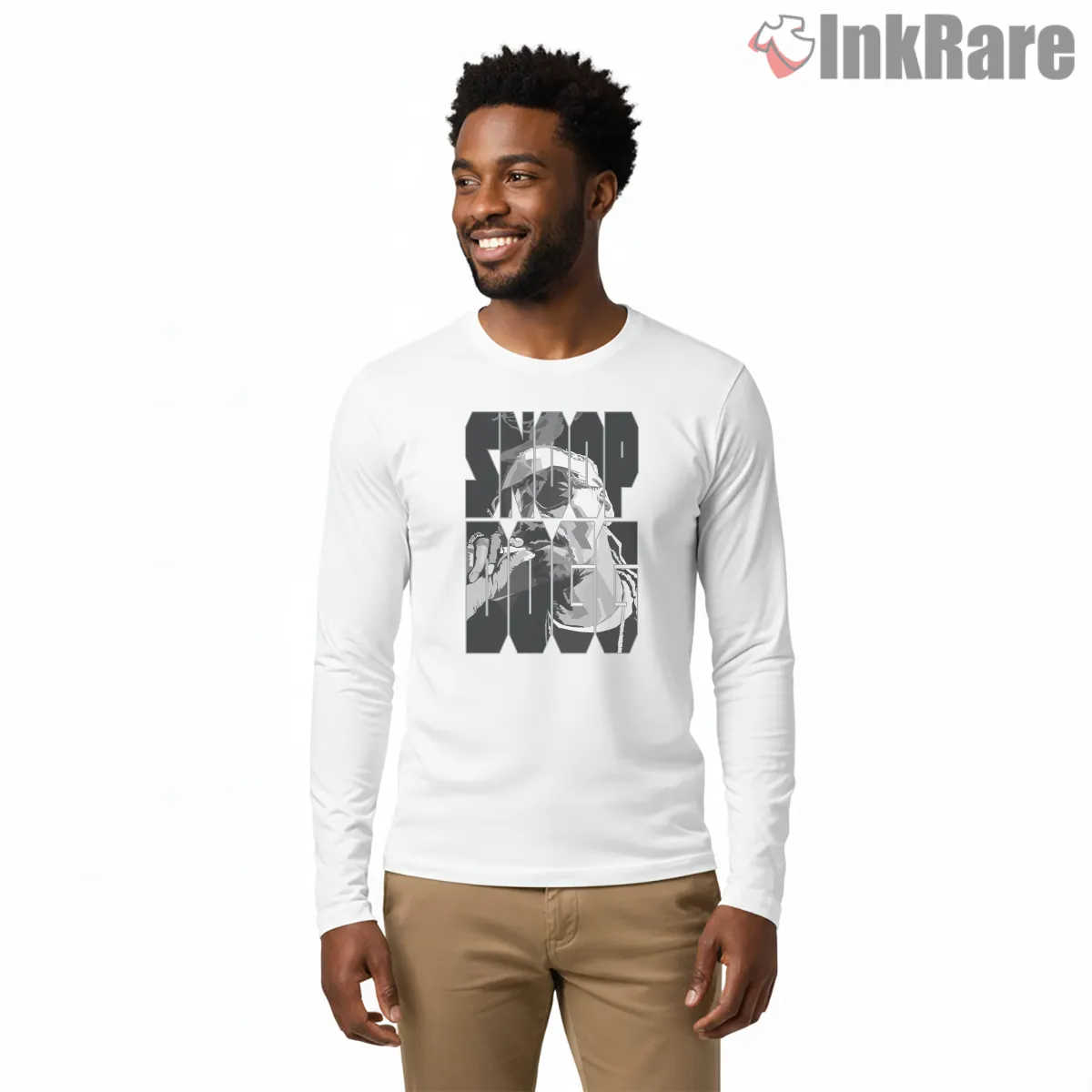 Snoop Dogg Monochrome Name Grid Long Sleeve White Snoop Dogg Monochrome Name Grid Shirt on white long sleeve shirt for men graphic tee