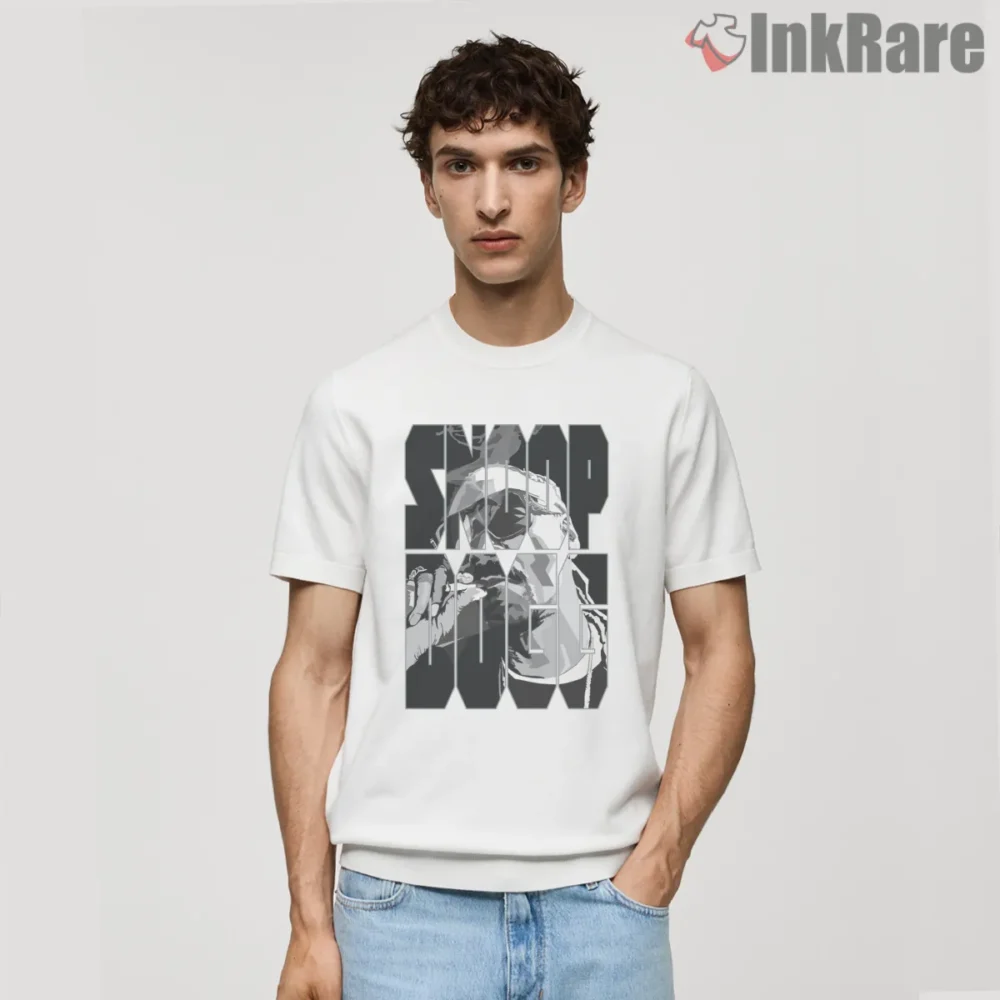 Snoop Dogg Monochrome Name Grid Shirt on white short sleeve shirt for men graphic tee