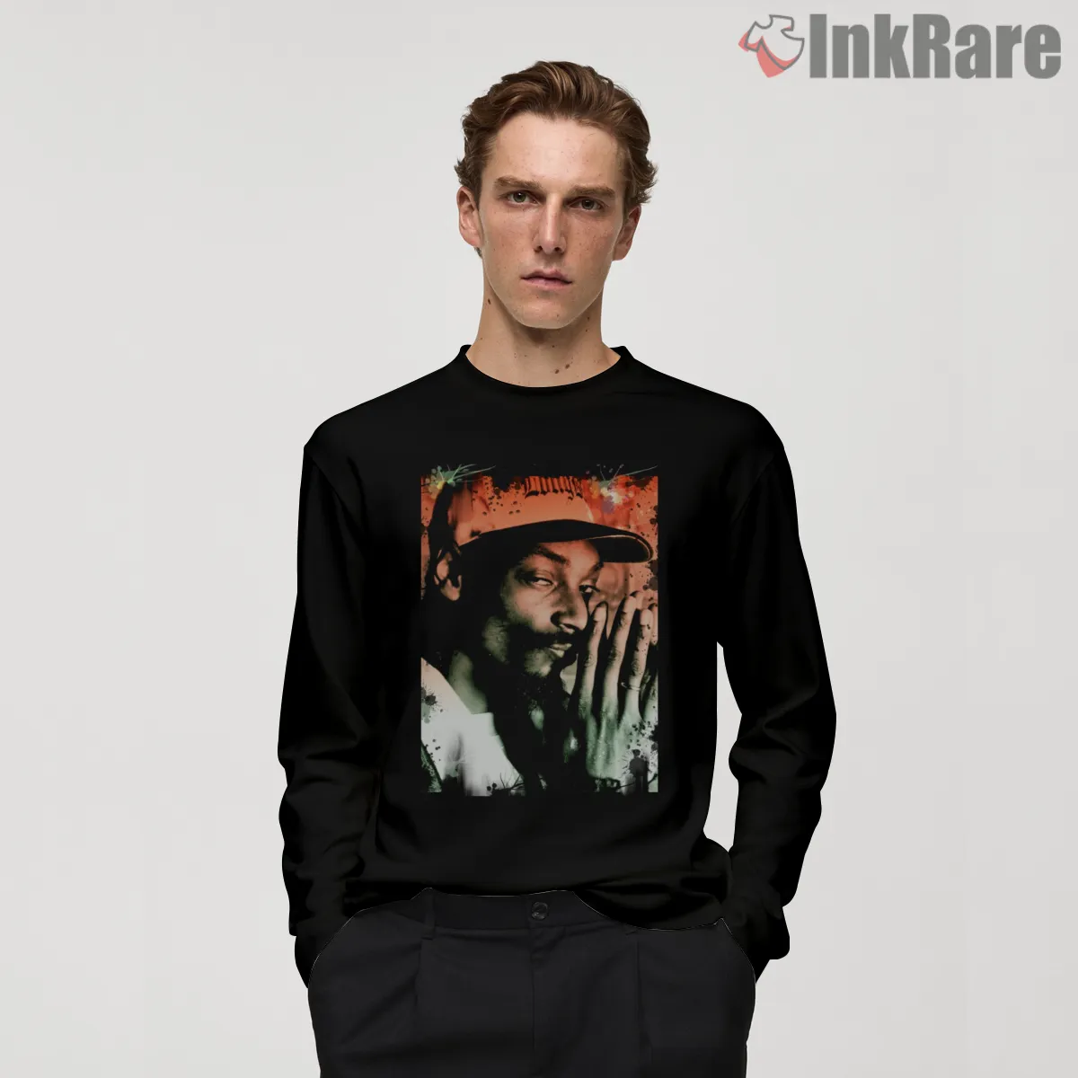 Snoop Dogg Moody Prayer Pose Shirt on black long sleeve shirt for men graphic tee