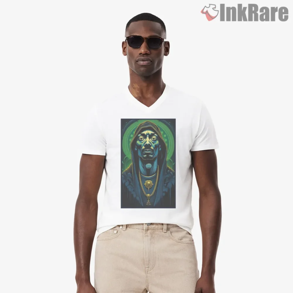 Snoop Dogg Mystic Hooded Fantasy Art Shirt on white v-neck shirt for men graphic tee