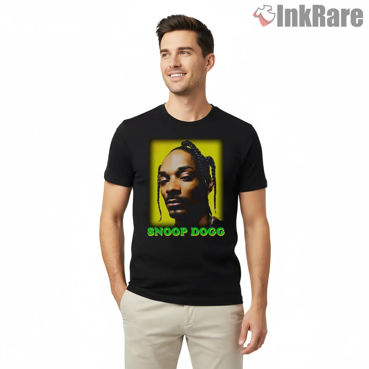 Snoop Dogg Neon Glow Portrait Shirt on black short sleeve shirt for men graphic tee