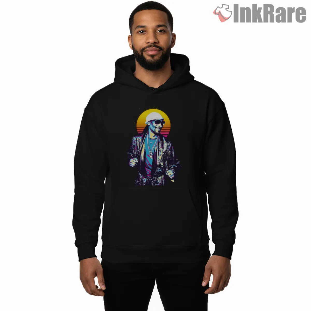 Snoop Dogg Neon Retro Night Walk Shirt on black hoodie for men graphic tee