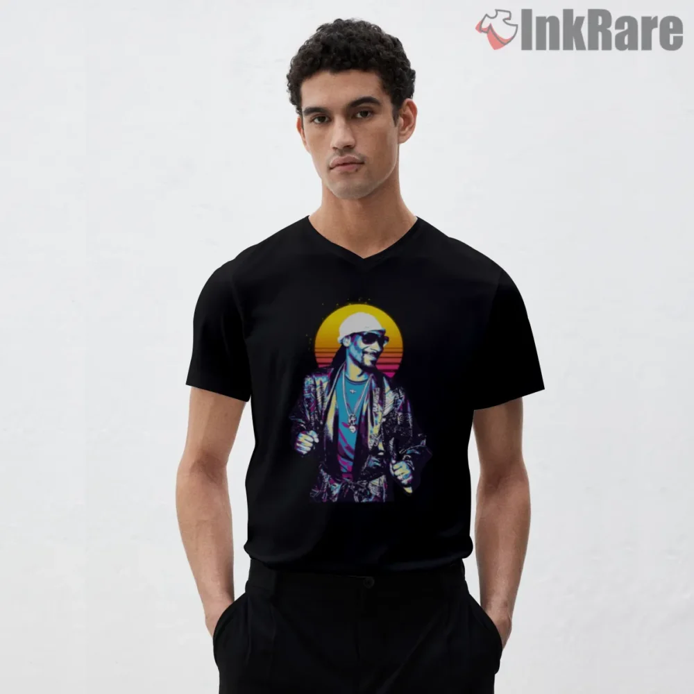 Snoop Dogg Neon Retro Night Walk Shirt on black v-neck shirt for men graphic tee