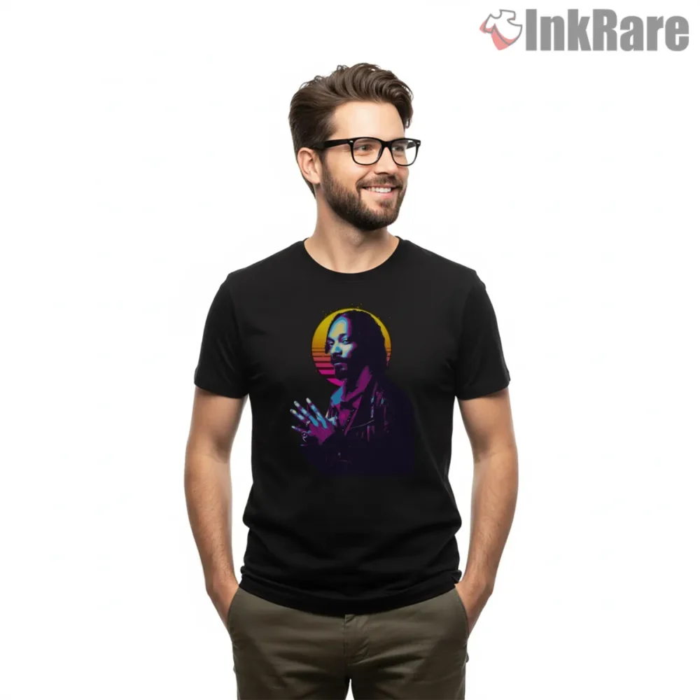 Snoop Dogg Neon Synthwave Sunset Shirt on black short sleeve shirt for men graphic tee