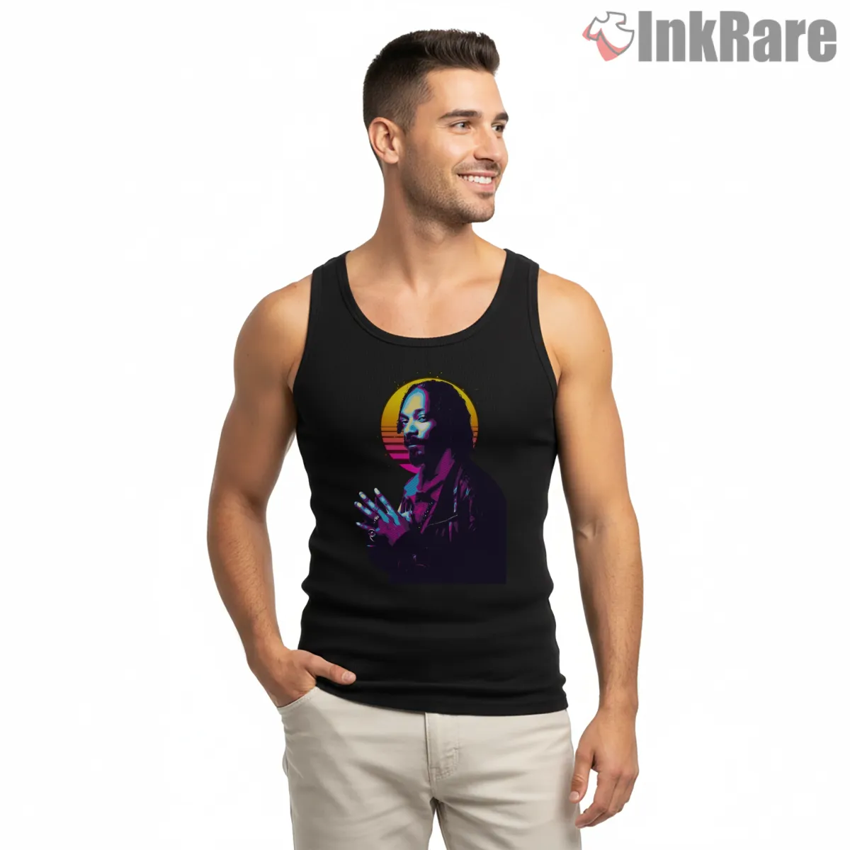 Snoop Dogg Neon Synthwave Sunset Shirt on black tank top for men graphic tee