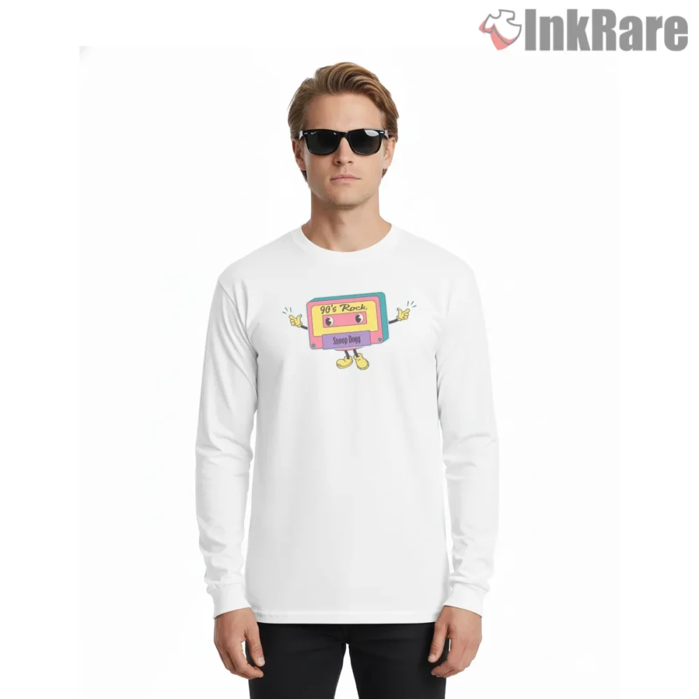 Snoop Dogg Nineties Cassette Mascot Shirt on white long sleeve shirt for men graphic tee