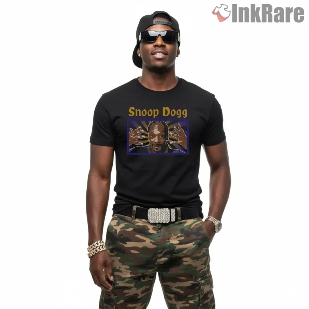 Snoop Dogg Purple Spotlight Hands Up Shirt on black short sleeve shirt for men graphic tee