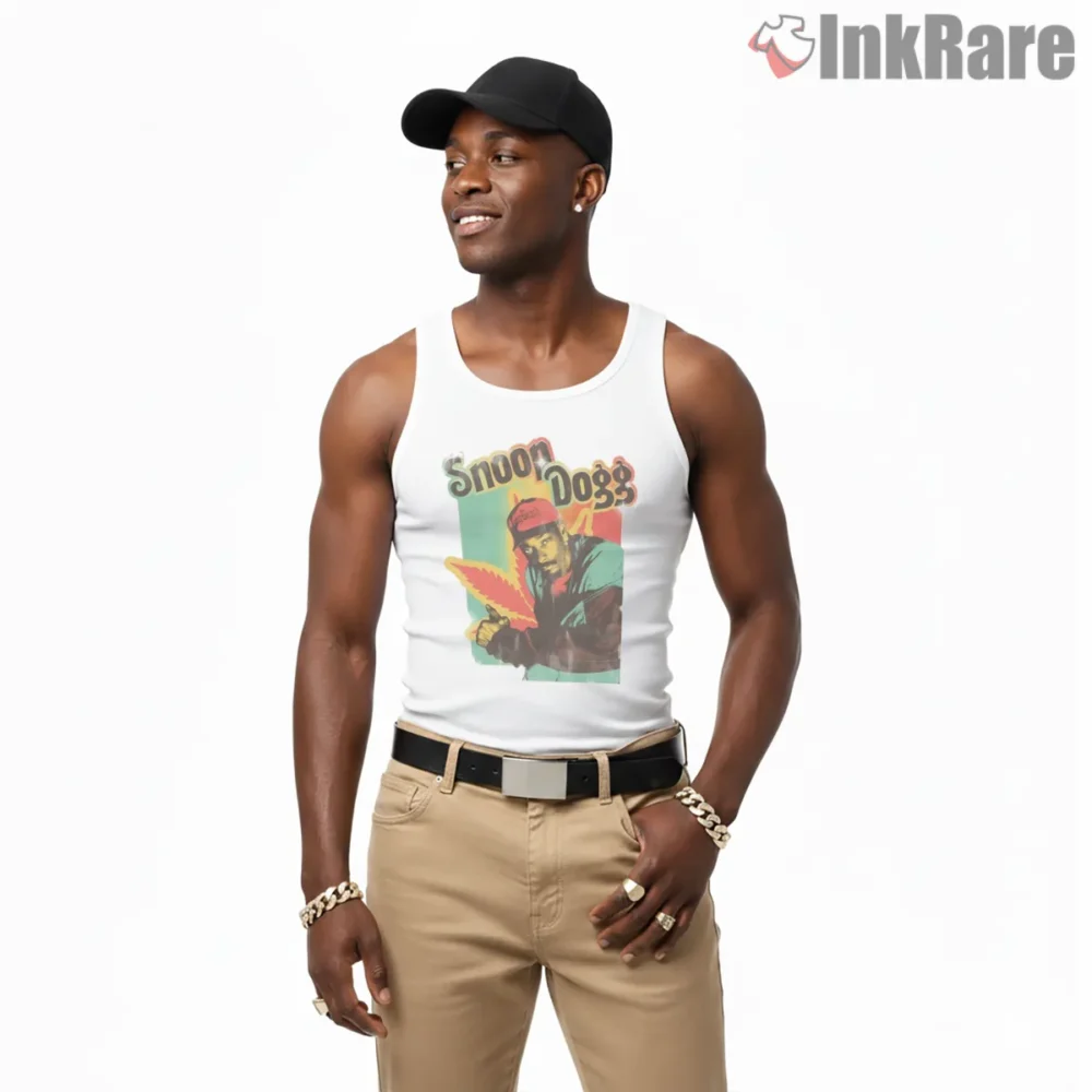 Snoop Dogg Red Cap Nineties Poster Shirt on white tank top for men graphic tee