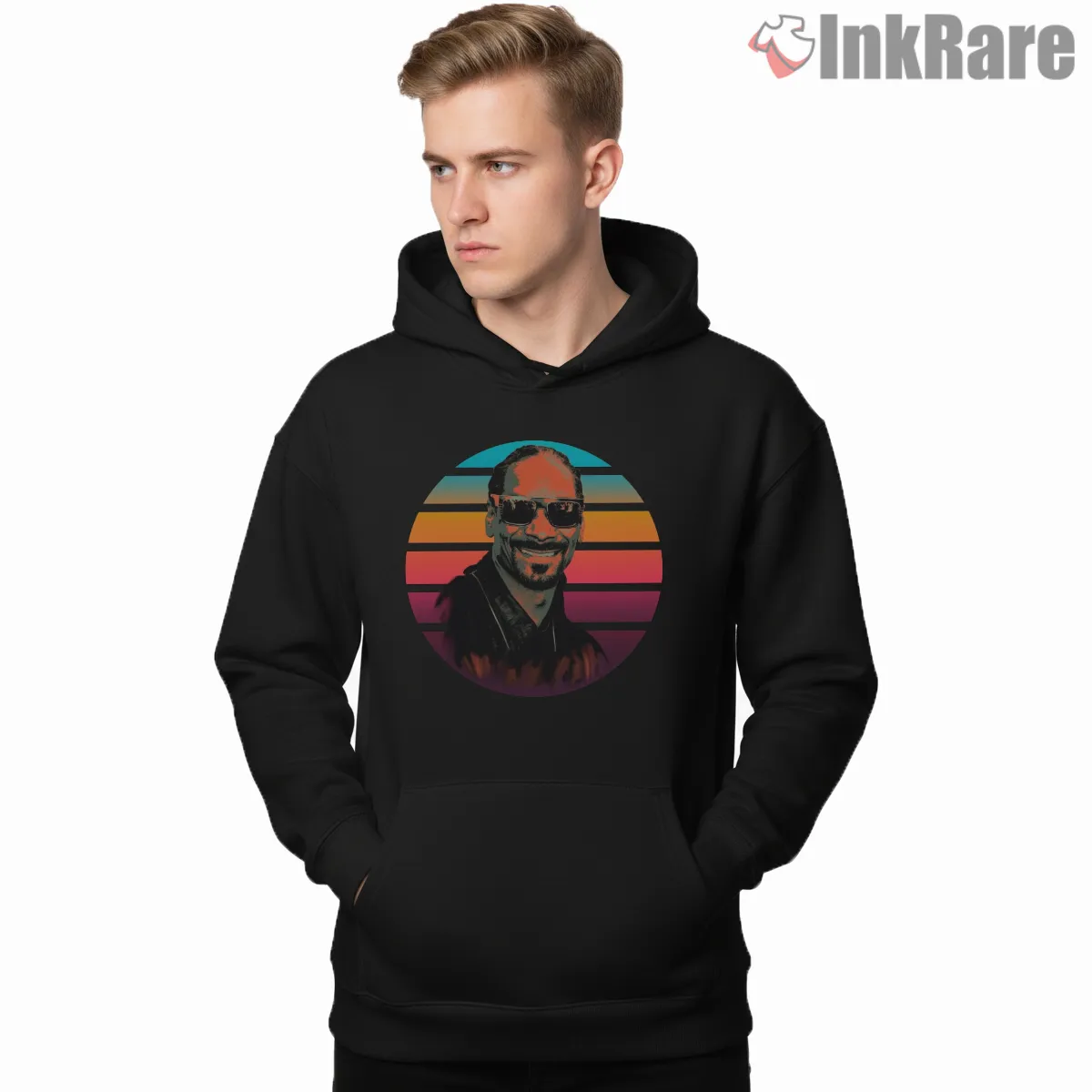 Snoop Dogg Retro Sunset Circle Shirt on black hoodie for men graphic tee