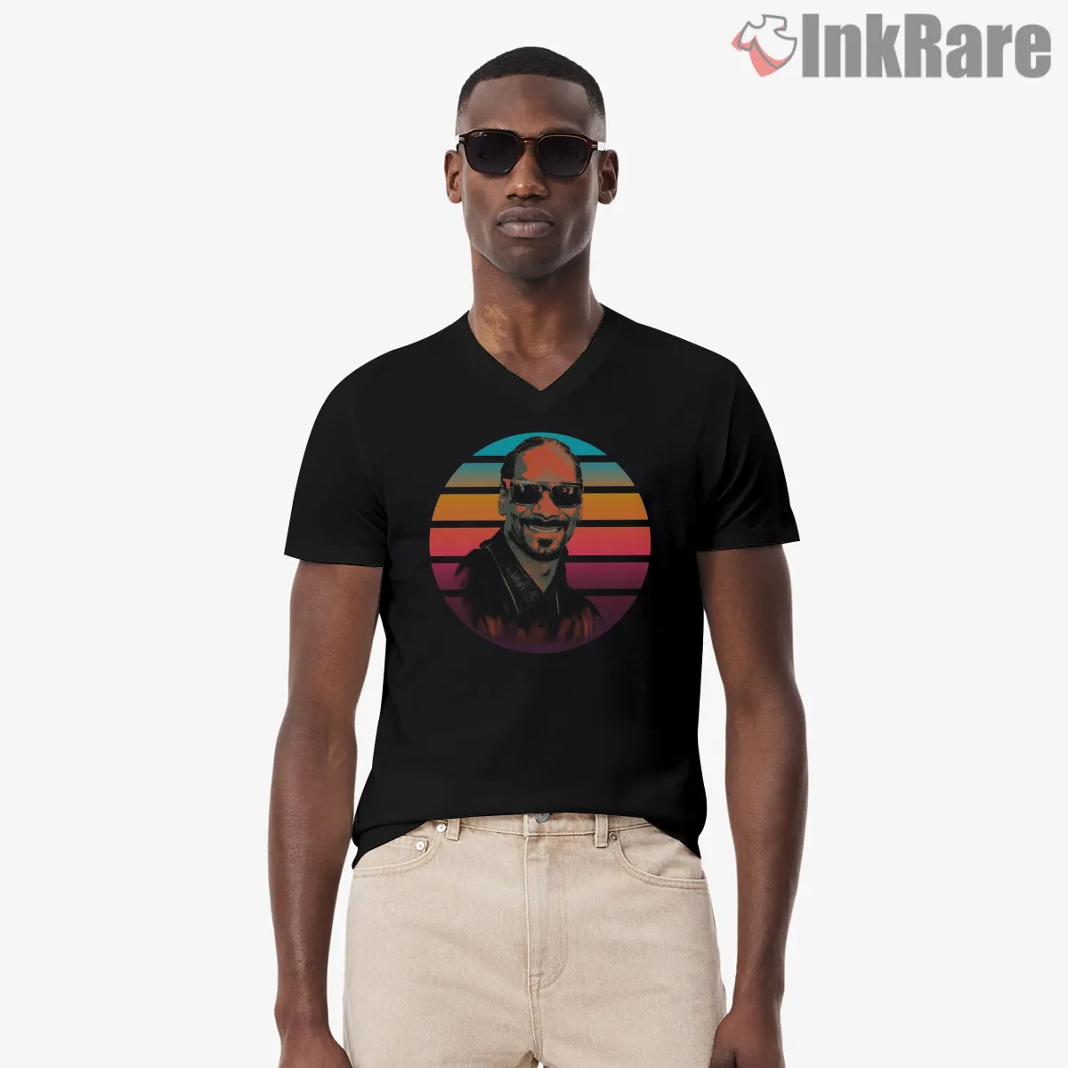 Snoop Dogg Retro Sunset Circle V Neck Black Snoop Dogg Retro Sunset Circle Shirt on black v-neck shirt for men graphic tee