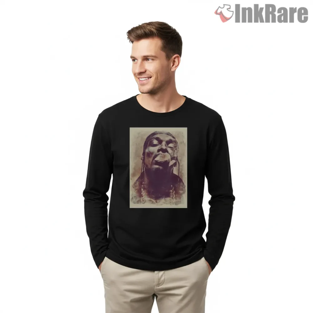 Snoop Dogg Smoky Watercolor Portrait Shirt on black long sleeve shirt for men graphic tee