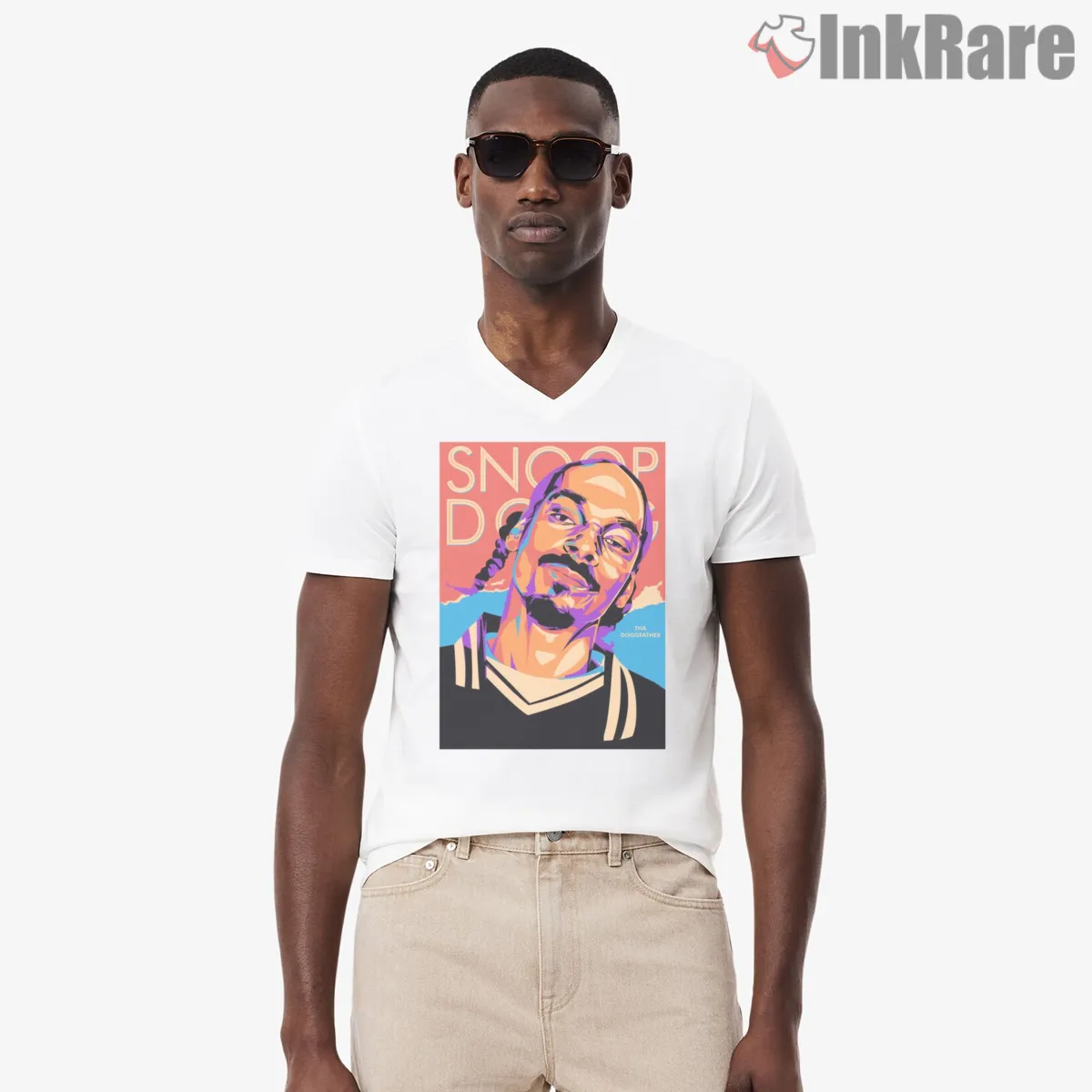 Snoop Dogg Tha Doggfather Color Block Pop Art V Neck White Snoop Dogg Tha Doggfather Color Block Pop Art Shirt on white v-neck shirt for men graphic tee