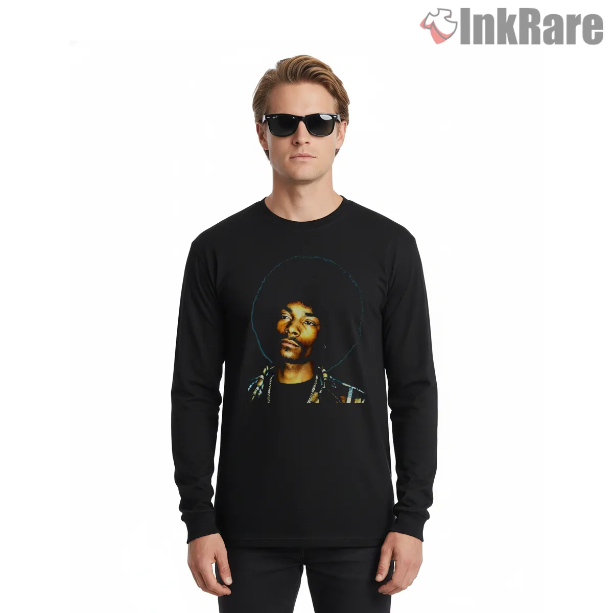 Snoop Dogg Vintage Afro Portrait Long Sleeve Black Snoop Dogg Vintage Afro Portrait Shirt on black long sleeve shirt for men graphic tee