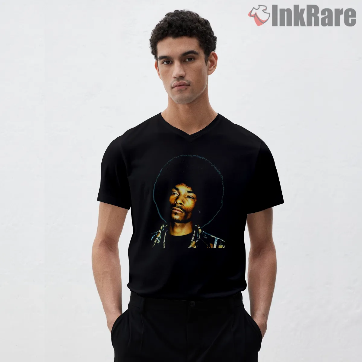Snoop Dogg Vintage Afro Portrait V Neck Black Snoop Dogg Vintage Afro Portrait Shirt on black v-neck shirt for men graphic tee