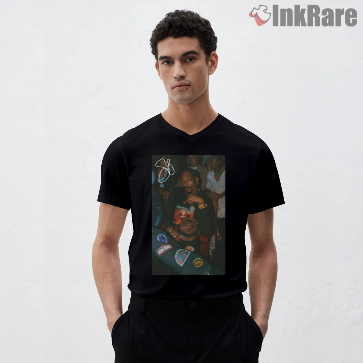 Snoop Dogg Vintage Party Table Photo V Neck Black Snoop Dogg Vintage Party Table Photo Shirt on black v-neck shirt for men graphic tee