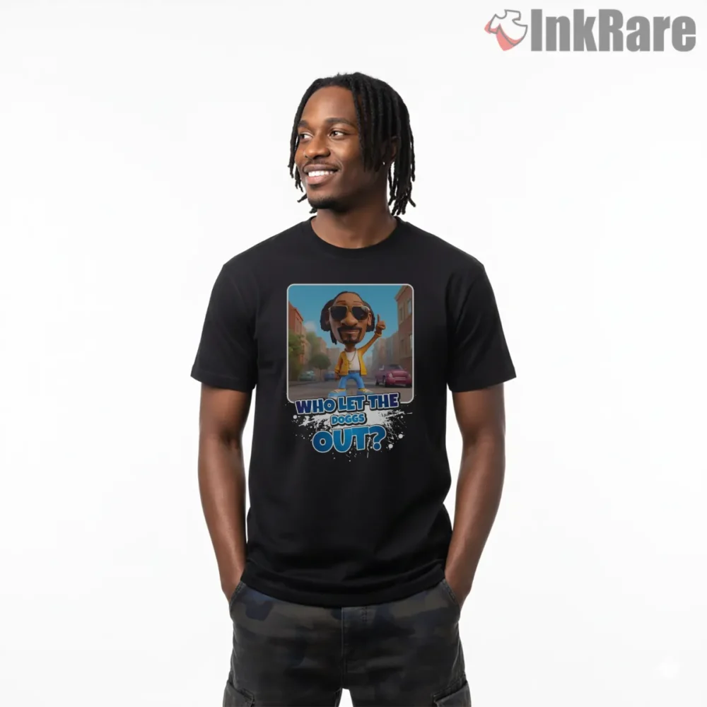 Snoop Dogg Who Let The Doggs Out Cartoon Shirt on black short sleeve shirt for men graphic tee