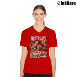 Women’s Snoop Dogg Wiz Khalifa Weed Ganja Sativa Indica V-Neck Tee in red | Chic Neckline, Soft Texture