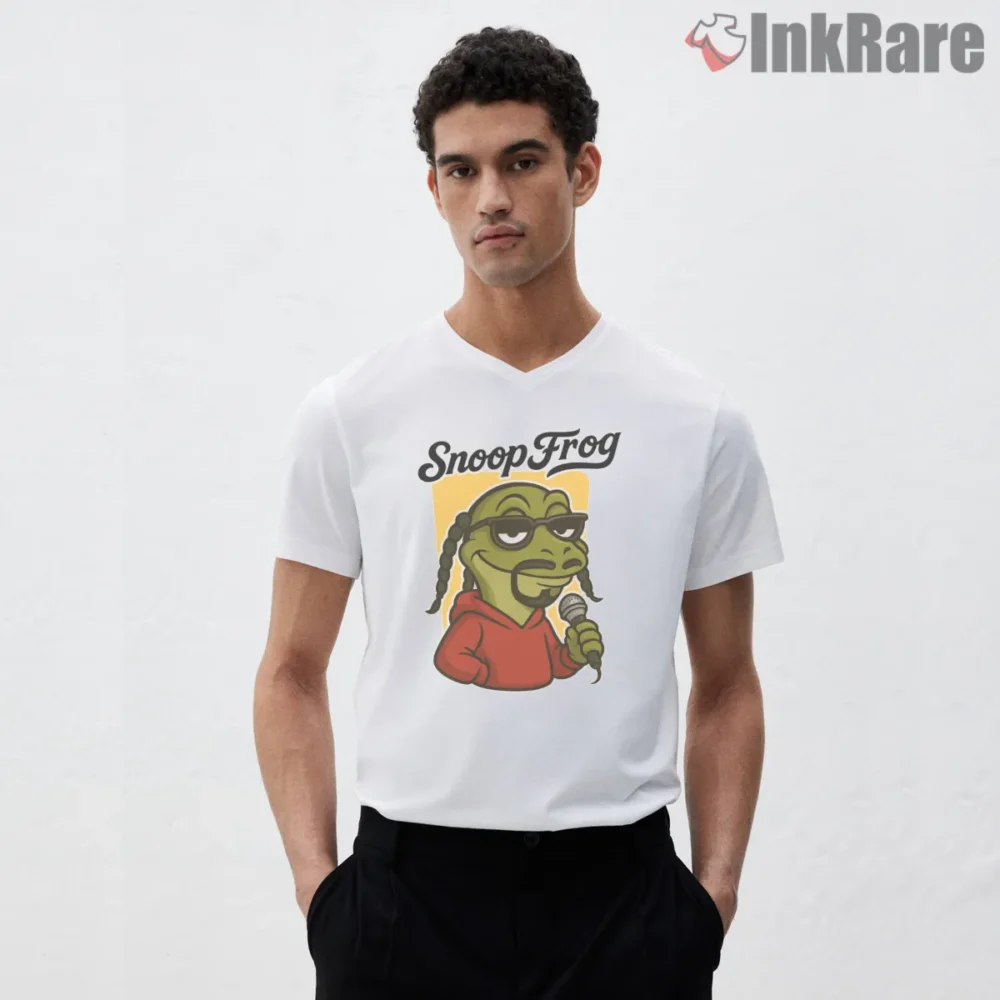 Snoop Frog Hip Hop Cartoon Shirt on white v-neck shirt for men graphic tee