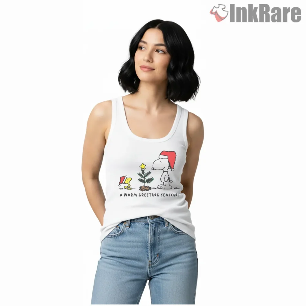 Snoopy A Warm Greeting Season Shirt on white tank top for women graphic tee
