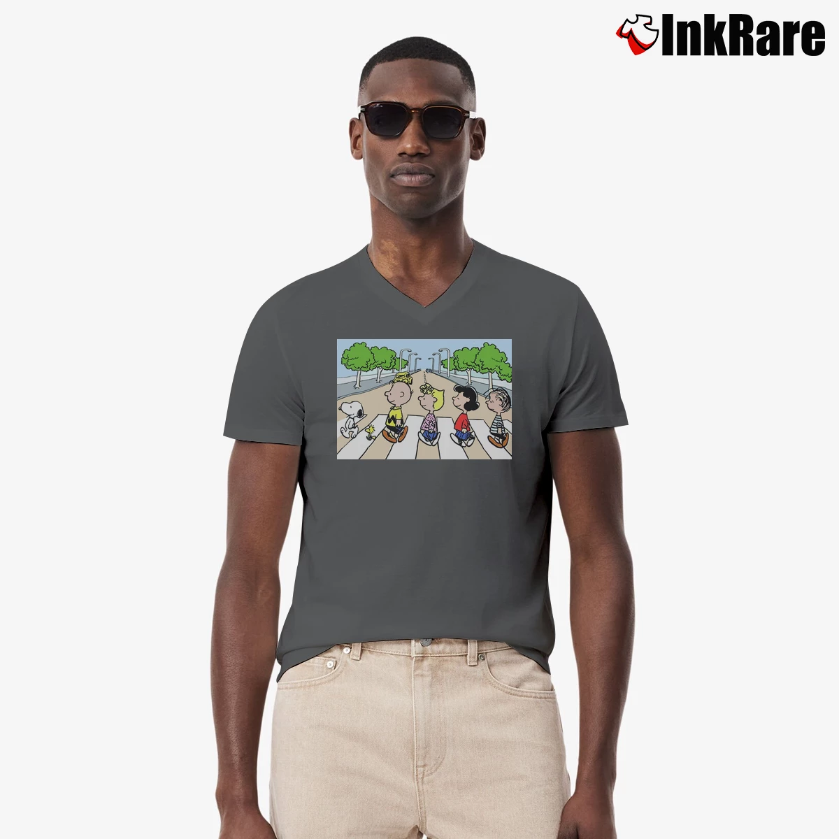 Snoopy Abbey Road Parody Men’s V-Neck Tee in charcoal – Modern Essential Men’s Snoopy Abbey Road Parody V-Neck Tee in charcoal | Sharp, Breathable, Everyday Staple