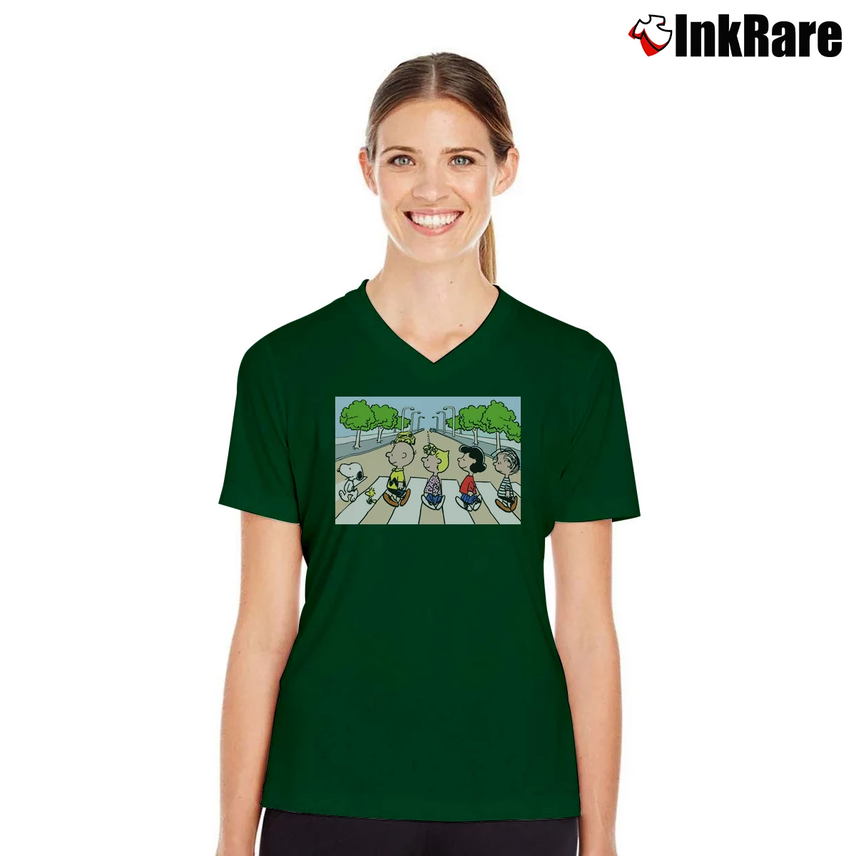 Snoopy Abbey Road Parody Women’s V-Neck Tee in forest green – Flattering Fit Women’s Snoopy Abbey Road Parody V-Neck Tee in forest green | Chic Neckline, Soft Texture