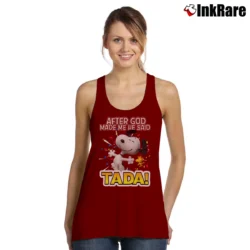 Women’s Snoopy After God Made Me He Said Tada Tank Top in maroon | Lightweight, Movement-Friendly