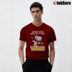 Men’s Snoopy After God Made Me He Said Tada V-Neck Tee in maroon | Sharp, Breathable, Everyday Staple
