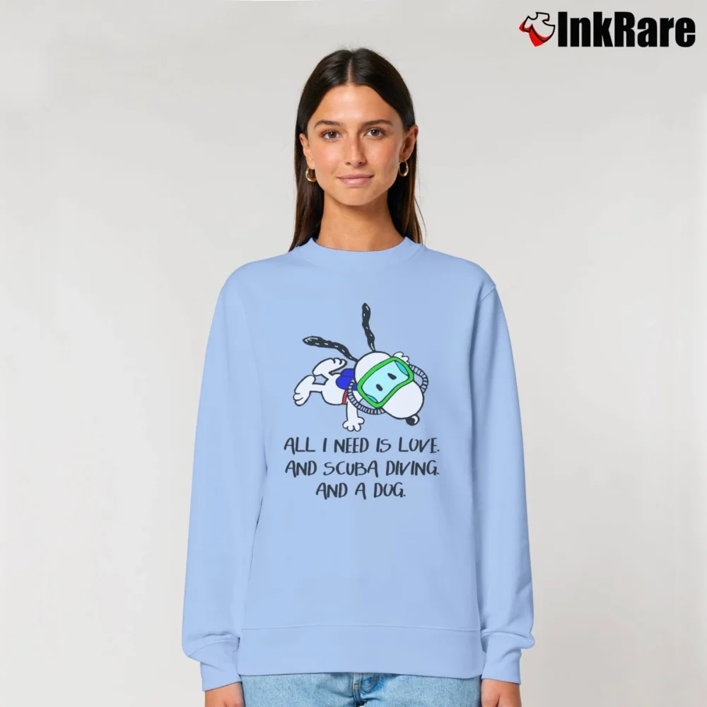 Women’s Snoopy All I Need Is Love And Scuba Diving And A Dog Relaxed Sweatshirt in light blue | Soft, Laid-Back Vibe
