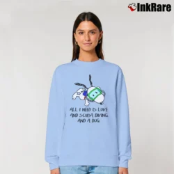 Women’s Snoopy All I Need Is Love And Scuba Diving And A Dog Relaxed Sweatshirt in light blue | Soft, Laid-Back Vibe