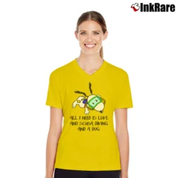 Women’s Snoopy All I Need Is Love And Scuba Diving And A Dog V-Neck Tee in yellow | Chic Neckline, Soft Texture