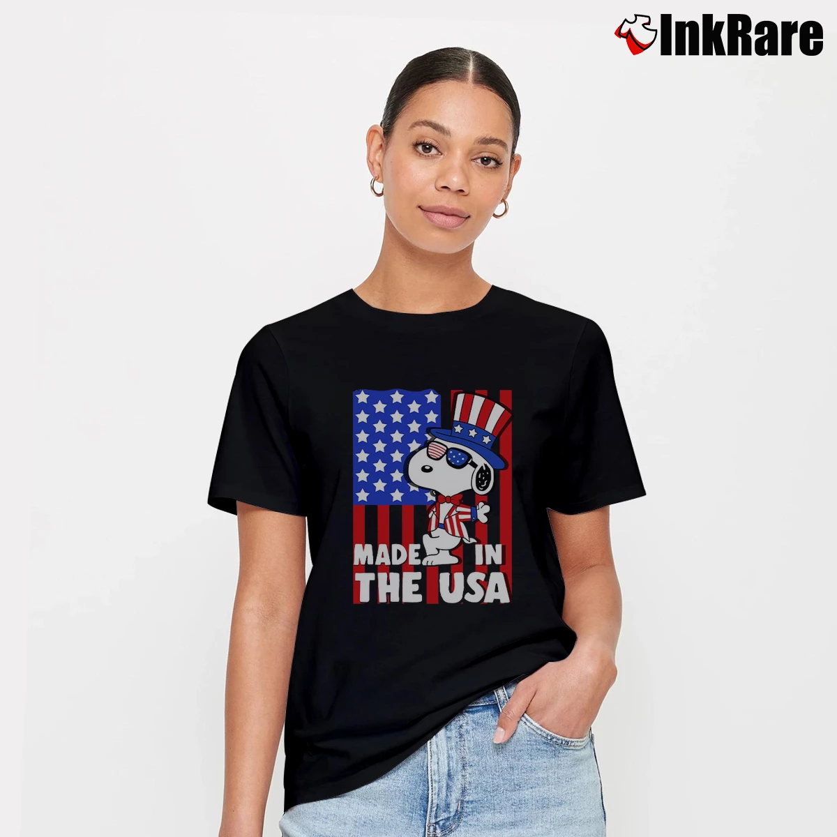 Snoopy America Flag Made In The Usa Women’s Tee in black – Effortless Style Women’s Snoopy America Flag Made In The Usa T-Shirt in black | Soft, Flattering Fit