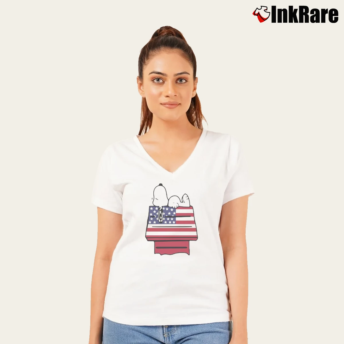Snoopy American 4th July Independence Day Women’s V-Neck Tee in white – Flattering Fit Women’s Snoopy American 4th July Independence Day V-Neck Tee in white | Chic Neckline, Soft Texture