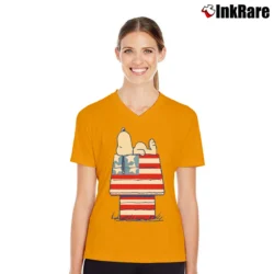 Women’s Snoopy American Flag House V-Neck Tee in orange | Chic Neckline, Soft Texture