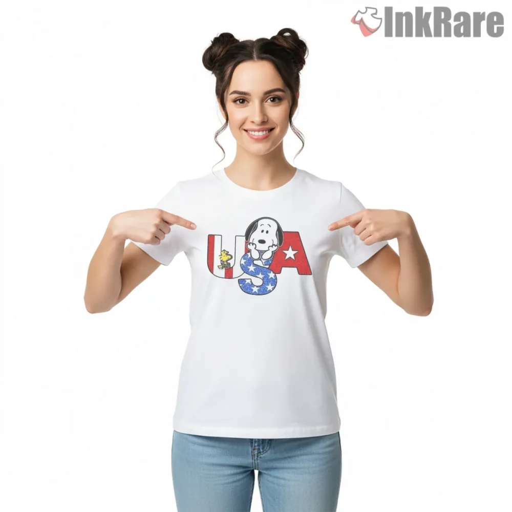 Snoopy American Pride Usa Shirt on white short sleeve shirt for women graphic tee