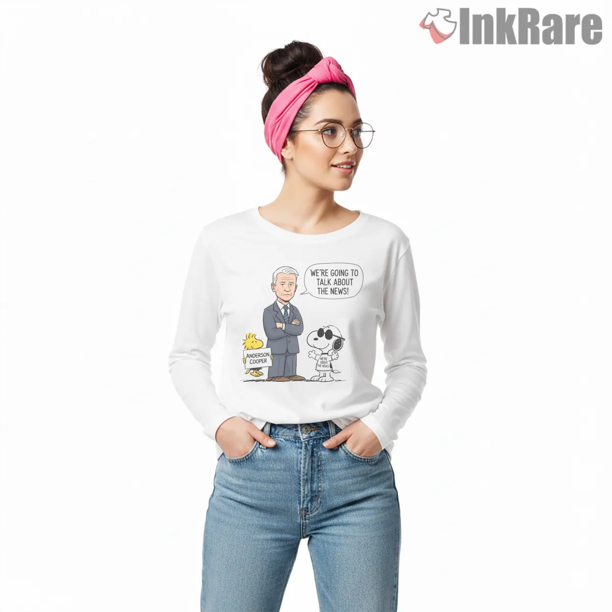 Snoopy And Anderson Cooper News Parody Shirt on white long sleeve shirt for women graphic tee