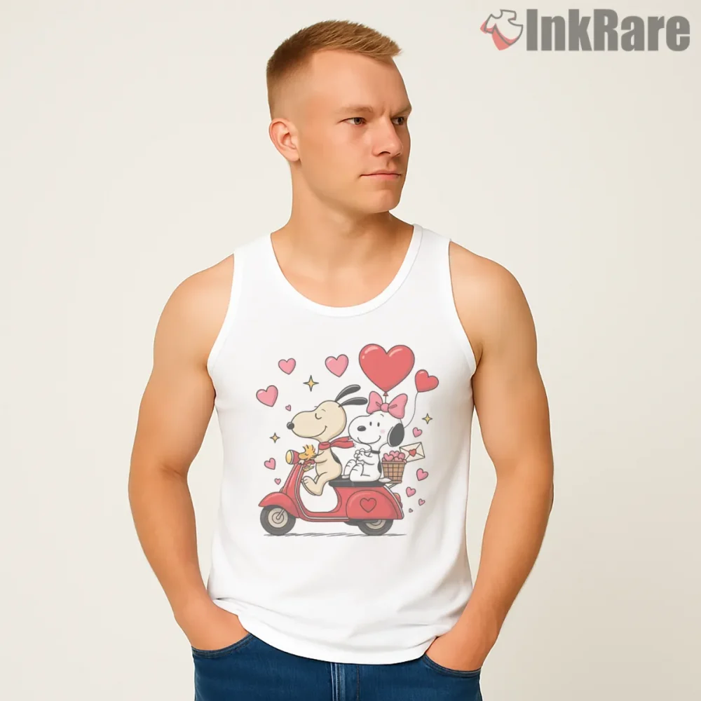 Snoopy And Belle Romantic Scooter Ride Shirt on white tank top for men graphic tee