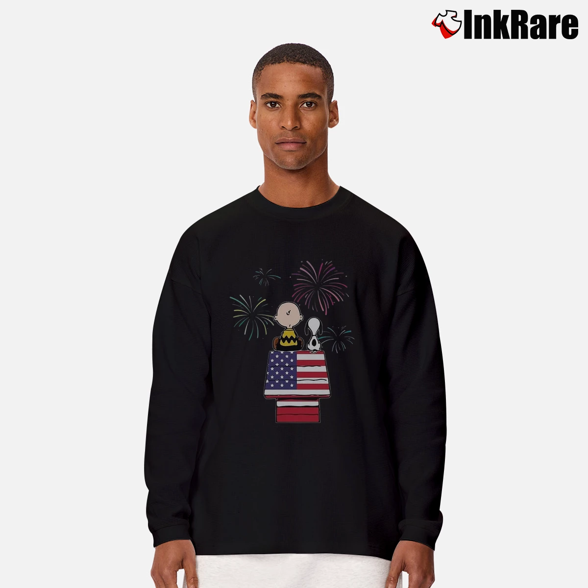 Men’s Snoopy And Charlie Brown American Flag Long-Sleeve Shirt in black | Sleek, Lightweight, Year-Round Wear