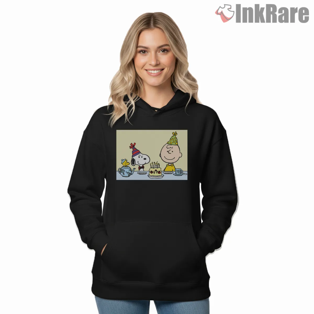Snoopy And Charlie Brown Birthday Party Celebration Shirt on black hoodie for women graphic tee