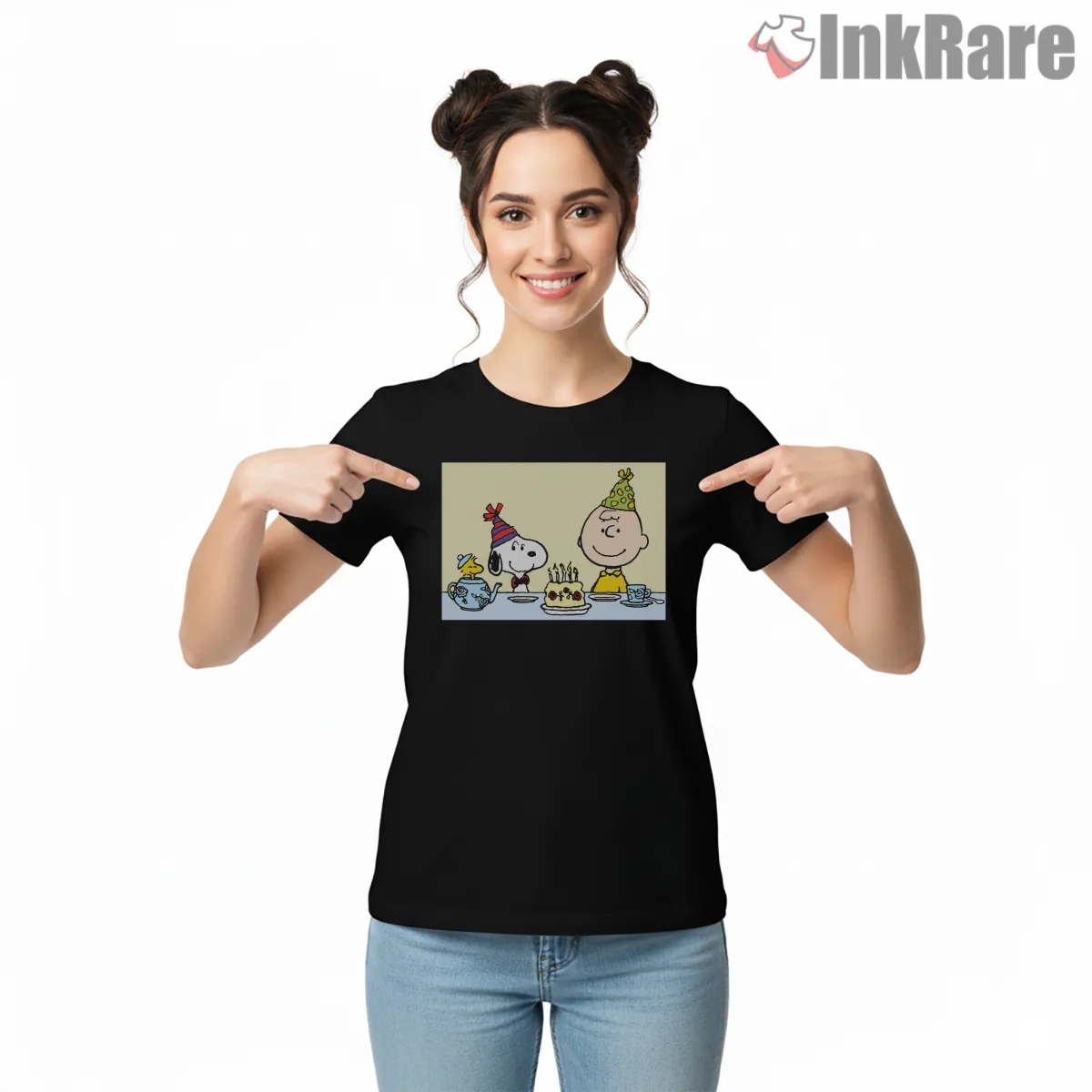 Snoopy And Charlie Brown Birthday Party Celebration Short Sleeve Black Snoopy And Charlie Brown Birthday Party Celebration Shirt on black short sleeve shirt for women graphic tee