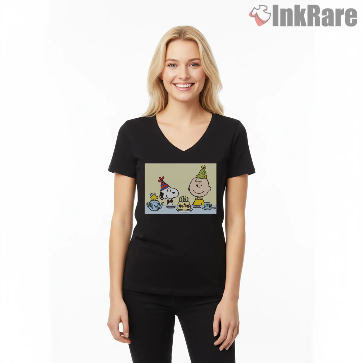 Snoopy And Charlie Brown Birthday Party Celebration V Neck Black Snoopy And Charlie Brown Birthday Party Celebration Shirt on black v-neck shirt for women graphic tee