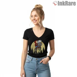 Snoopy And Charlie Brown Et Bicycle Flight Parody Shirt on black v-neck shirt for women graphic tee